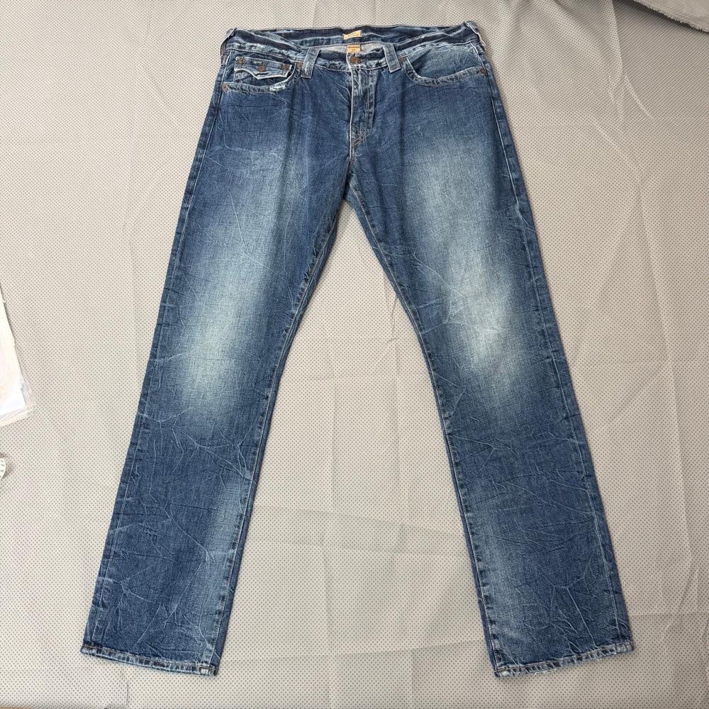 True Religion Ricky Jeans Mens 36 Blue Faded Flap Pockets Y2K Relaxed Straight